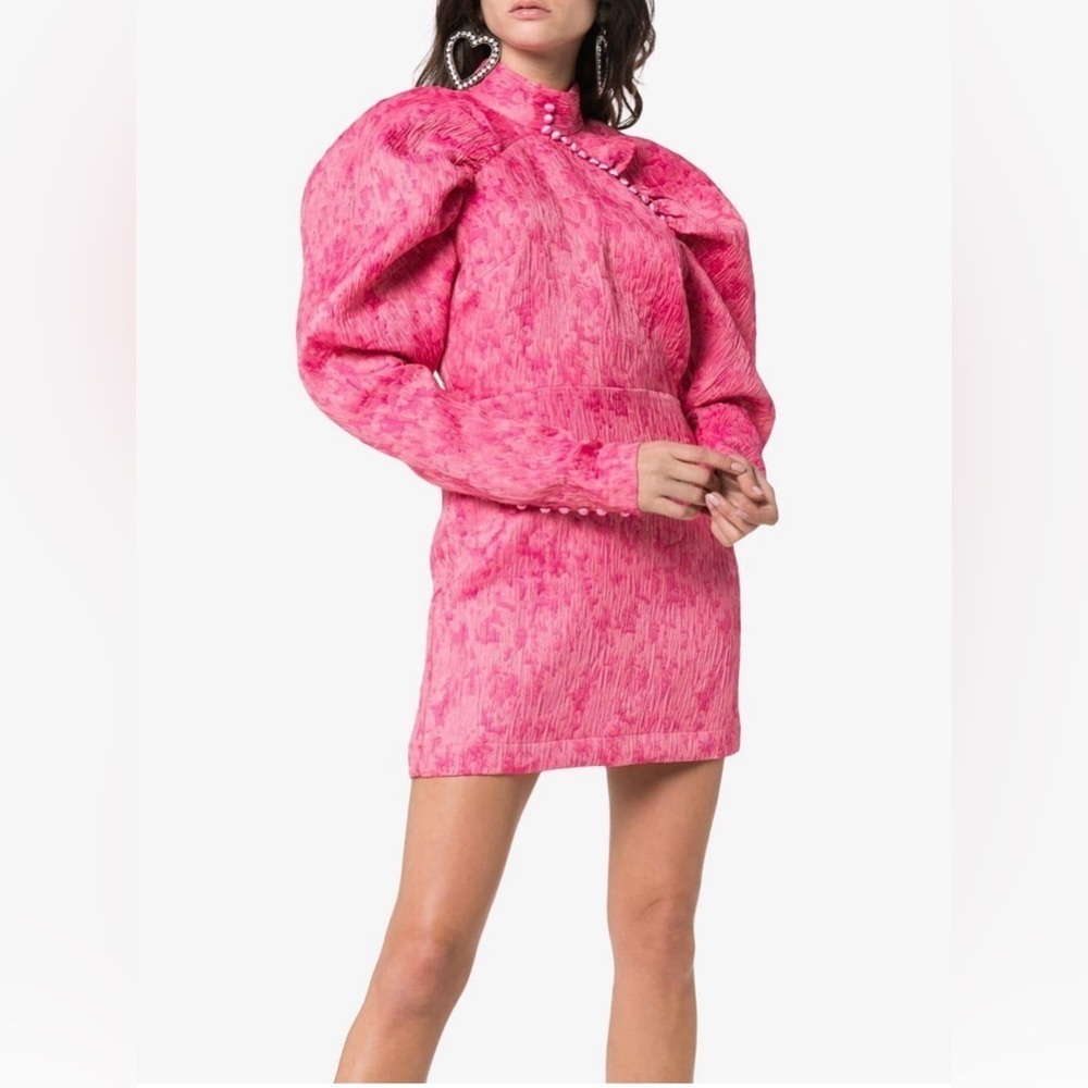 Rotate Birger Christensen Jacquard Mini Puff Sleeve Pink Dress Sz 38/ Medium - Picture 7 of 12